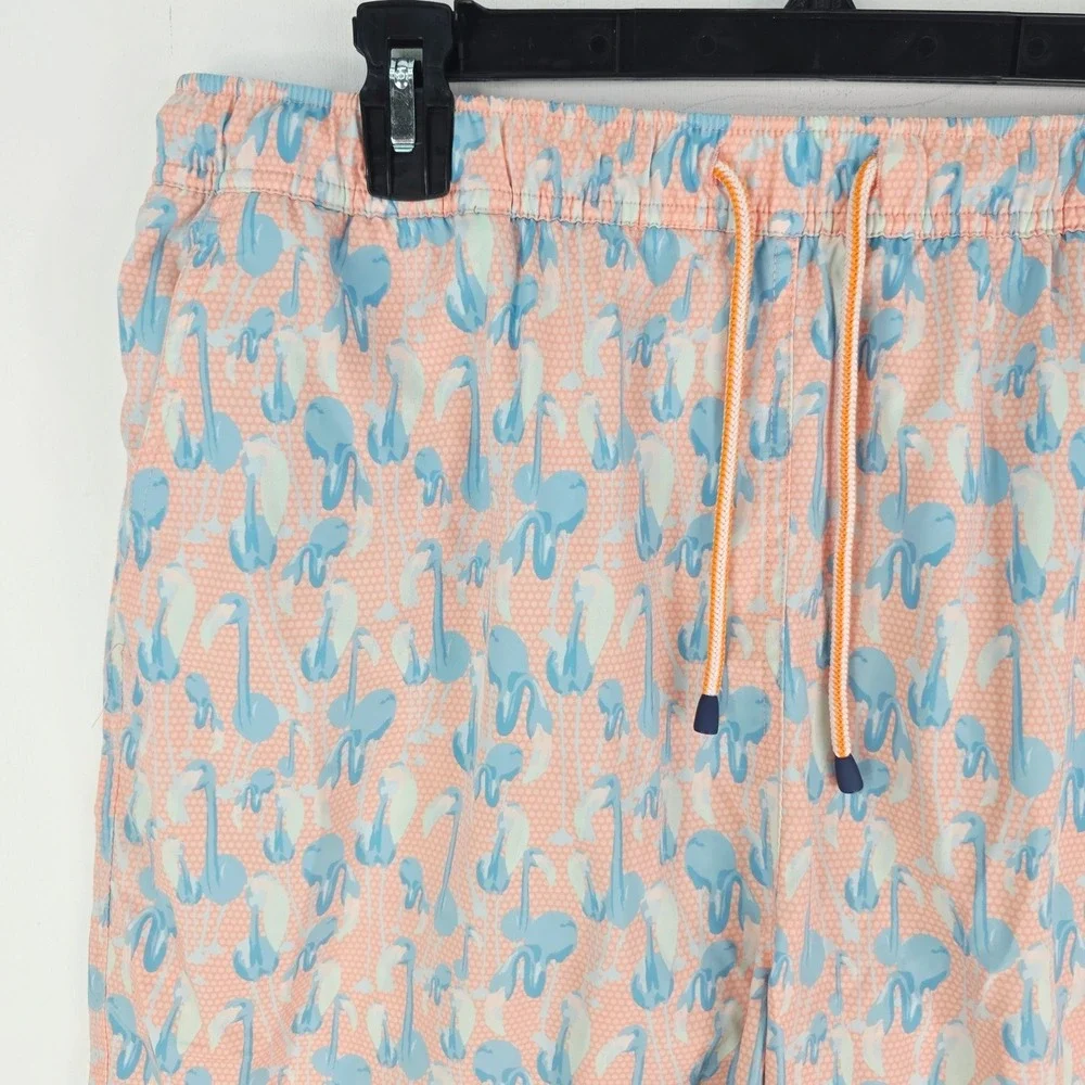 Peter Millar Mens Flamingo Print Swim Trunks Peach Blue Board Shorts Large